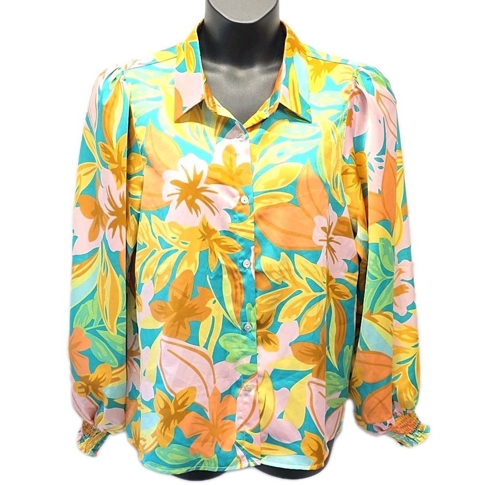 Pink Lily Tropical Floral‎ Button Front Blouse Bright Colorful Resort Top sz XL